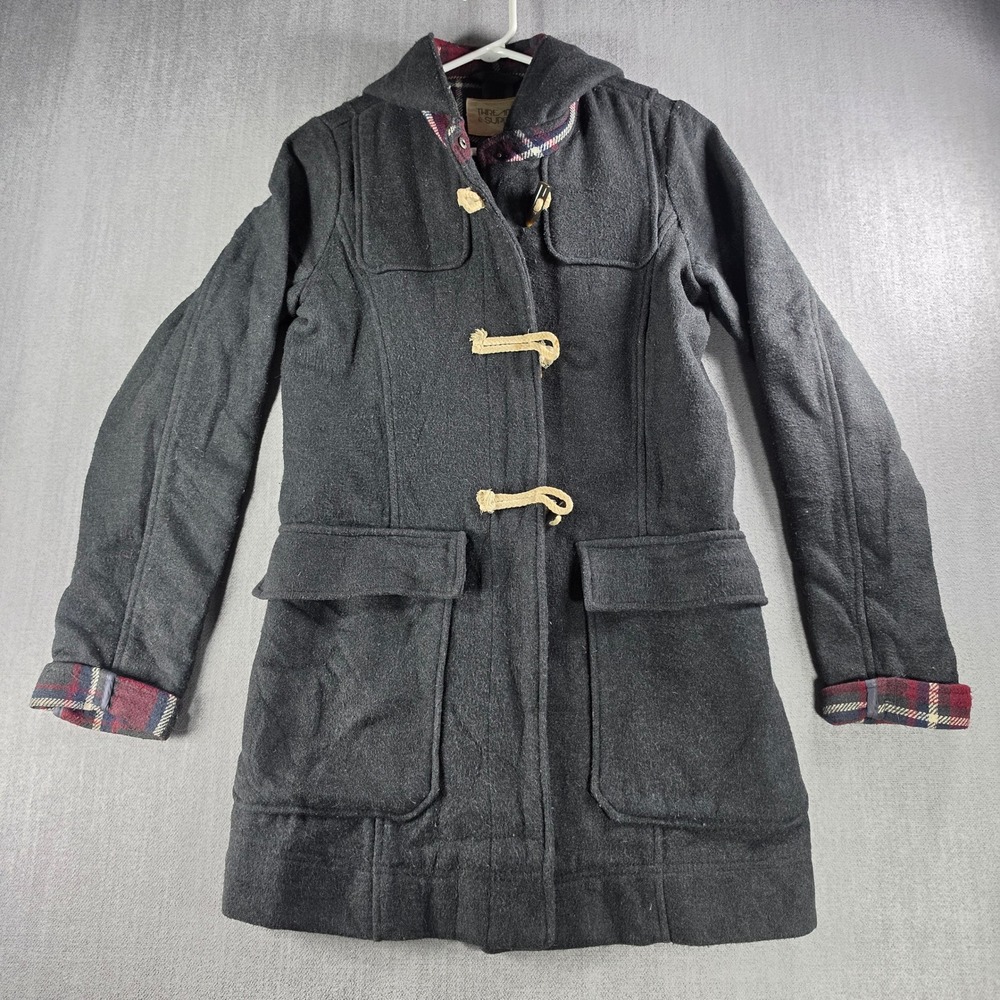 Thread & Supply Duffle Coat Womens Medium Black Plaid Lined Hooded Toggle CC9795